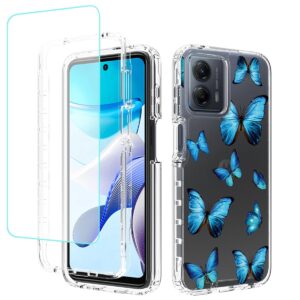 sidande case for moto g 2023 case, motorola g 5g 2023 case with tempered glass screen protector, full body clear floral tpu slim phone protective armor cover for motorola moto g 5g 2023 (butterfly)