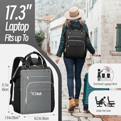 XJ-HOME 17.3" Laptop Backpack for Women, Stylish Backpack Purse, Waterproof Teacher Nurse Backpack, College Casual Daypack with USB Port, Black