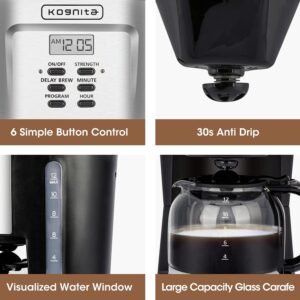 12 Cup Coffee Maker,Programmable Coffee Maker with Glass Carafe,900W Quick Brew Drip Coffee Pot,Auto Keep Warm,Anti-Drip,Brew Strength Control, Stainless Steel Coffe Machine for Home and Office