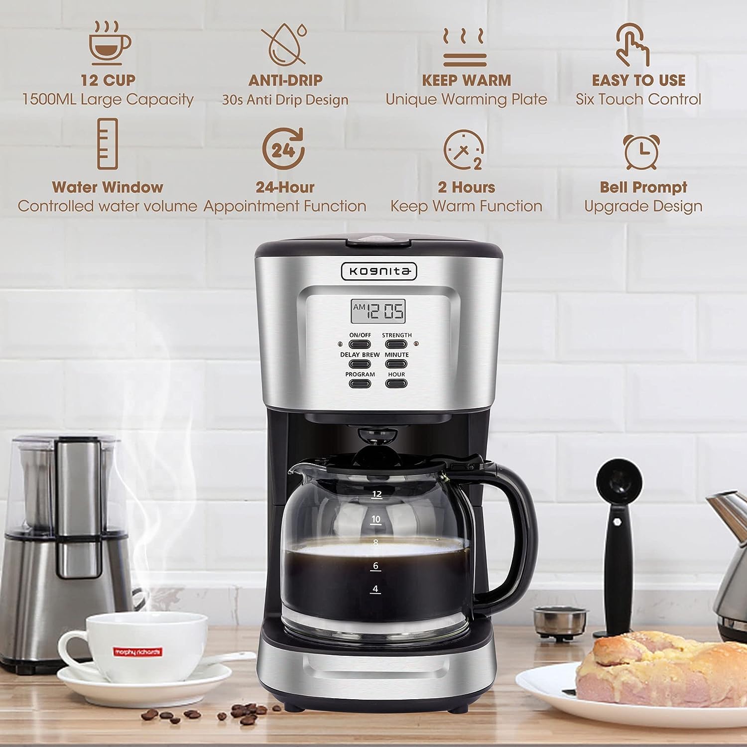 12 Cup Coffee Maker,Programmable Coffee Maker with Glass Carafe,900W Quick Brew Drip Coffee Pot,Auto Keep Warm,Anti-Drip,Brew Strength Control, Stainless Steel Coffe Machine for Home and Office