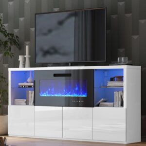 amerlife 68'' fireplace tv stand with 40'' fireplace, modern high gloss fireplace entertainment center with led lights for tvs up to 78'', tv console with glass shelves for living room, white & black