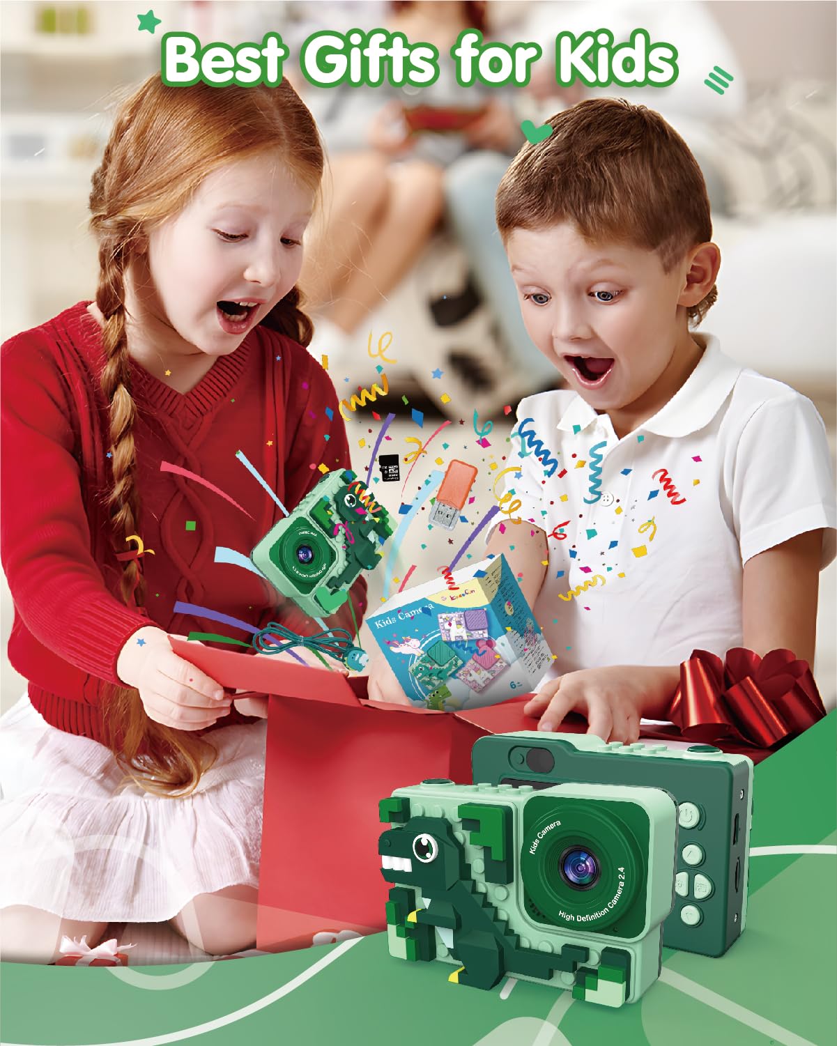 Kids Dinosaur Digital Camera Toys: Kizeefun 3-12 Year Old Boys Girls Christmas Birthday Gifts, Mini HD Selfie Video Baby Camera for 3 4 5 6 7 8 9 Toddler Children with 32GB Card