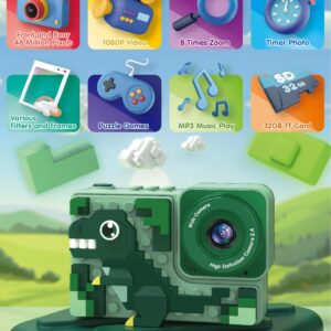 Kids Dinosaur Digital Camera Toys: Kizeefun 3-12 Year Old Boys Girls Christmas Birthday Gifts, Mini HD Selfie Video Baby Camera for 3 4 5 6 7 8 9 Toddler Children with 32GB Card