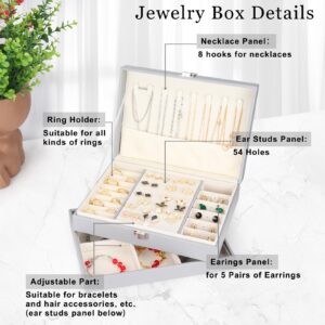 LOMEVE Jewelry Box with Removable Tray, PU Leather Jewelry Organizer Box for Necklace, Earring, Ring, Silver Gray Travel Jewelry Case for Christmas Birthday Gift