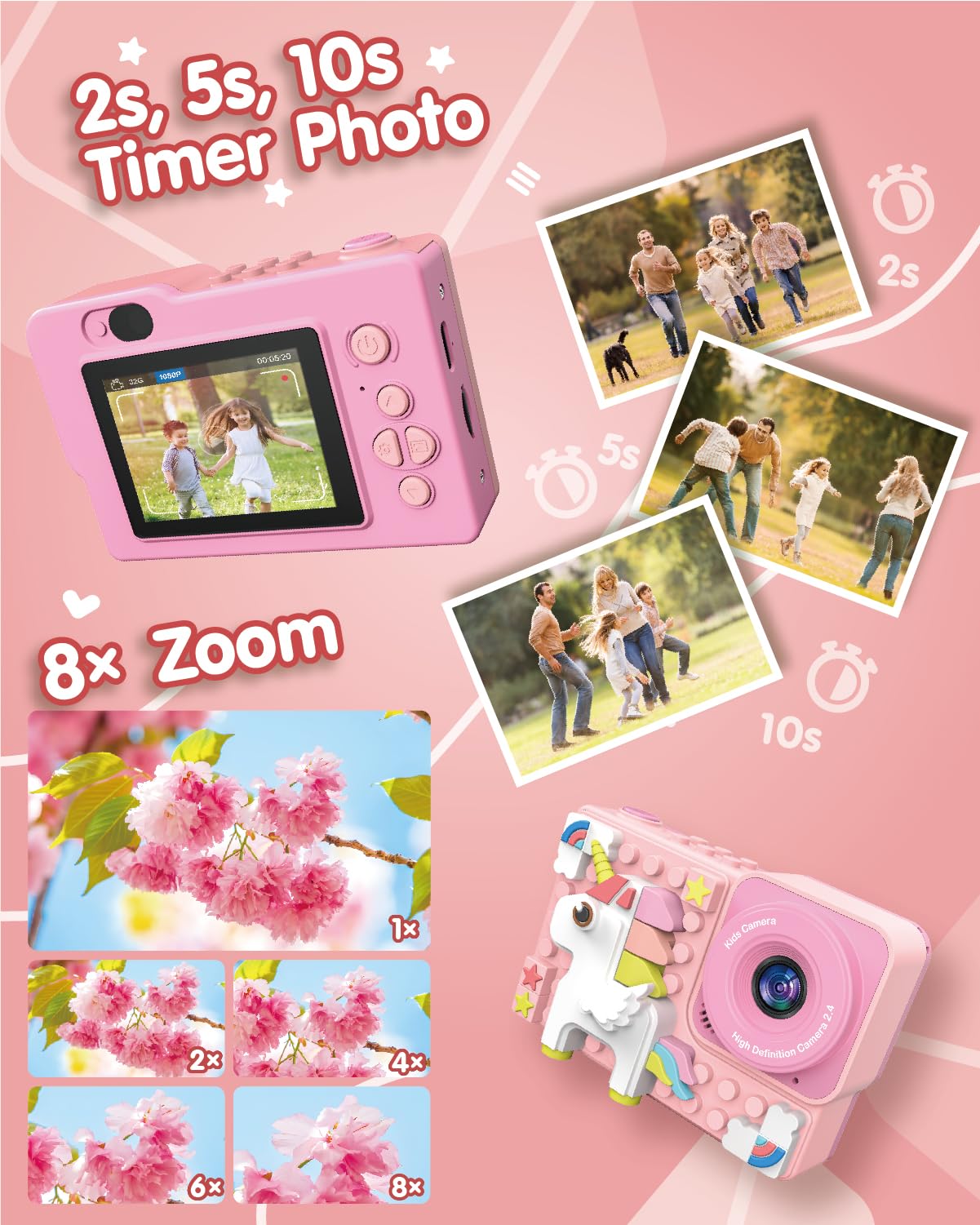 Kids Unicorn Camera Toys for Grils Boys: Kizeefun Mini HD Selfie Video Digital Camera for 3-12 Year Old Children, Christmas Birthday Gifts for 3 4 5 6 7 8 9 Baby Toddler