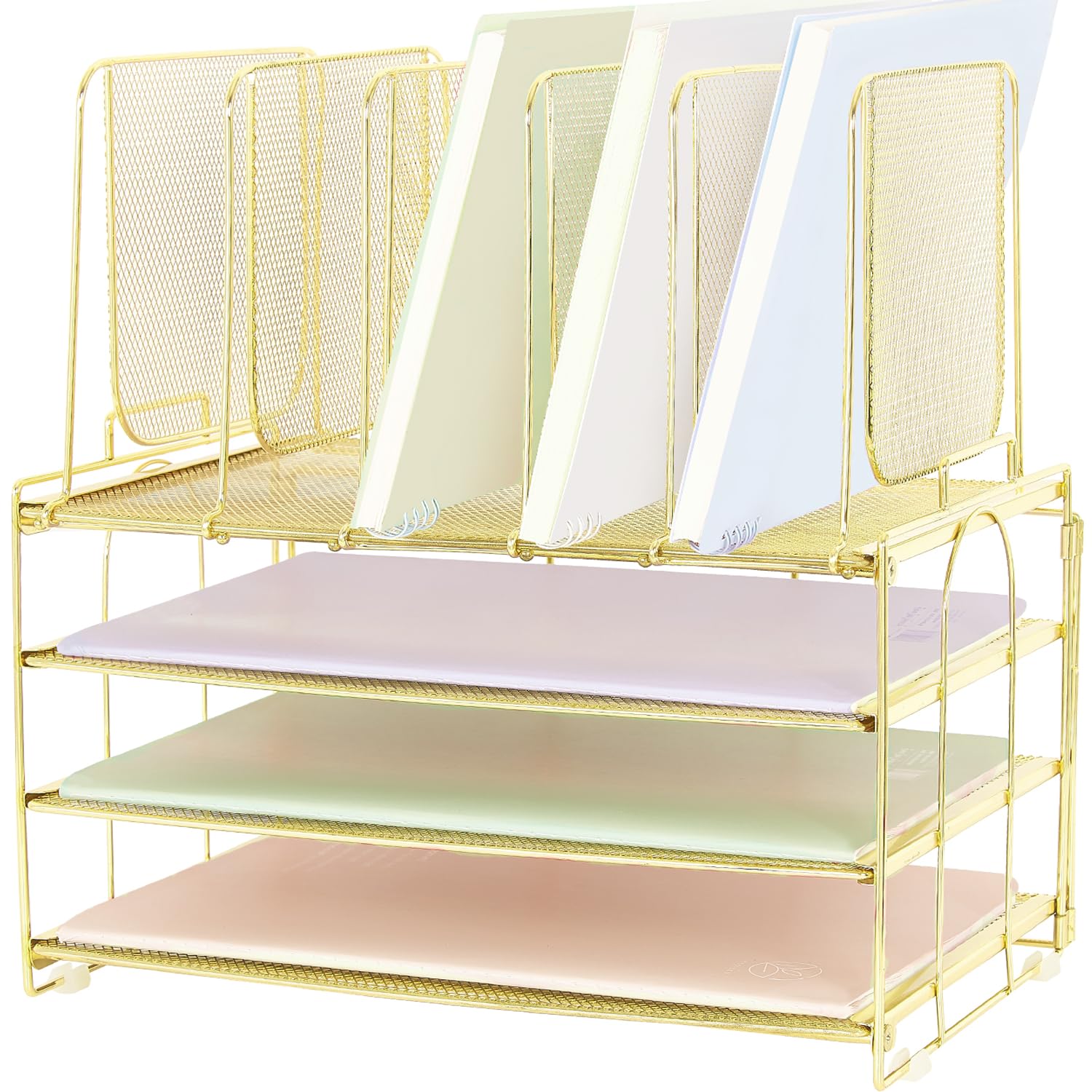 ORDROLL Desk Paper Organizer with Handle,3 Tier Letter Trays with 5 Vertical File Holder,Paper Storage,Desktop Organizer for Classroom,Home or Office,Gold