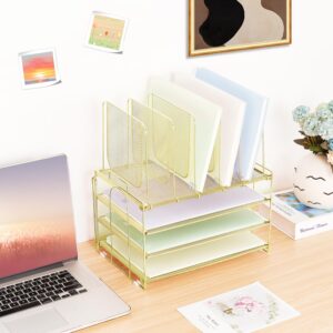 ORDROLL Desk Paper Organizer with Handle,3 Tier Letter Trays with 5 Vertical File Holder,Paper Storage,Desktop Organizer for Classroom,Home or Office,Gold