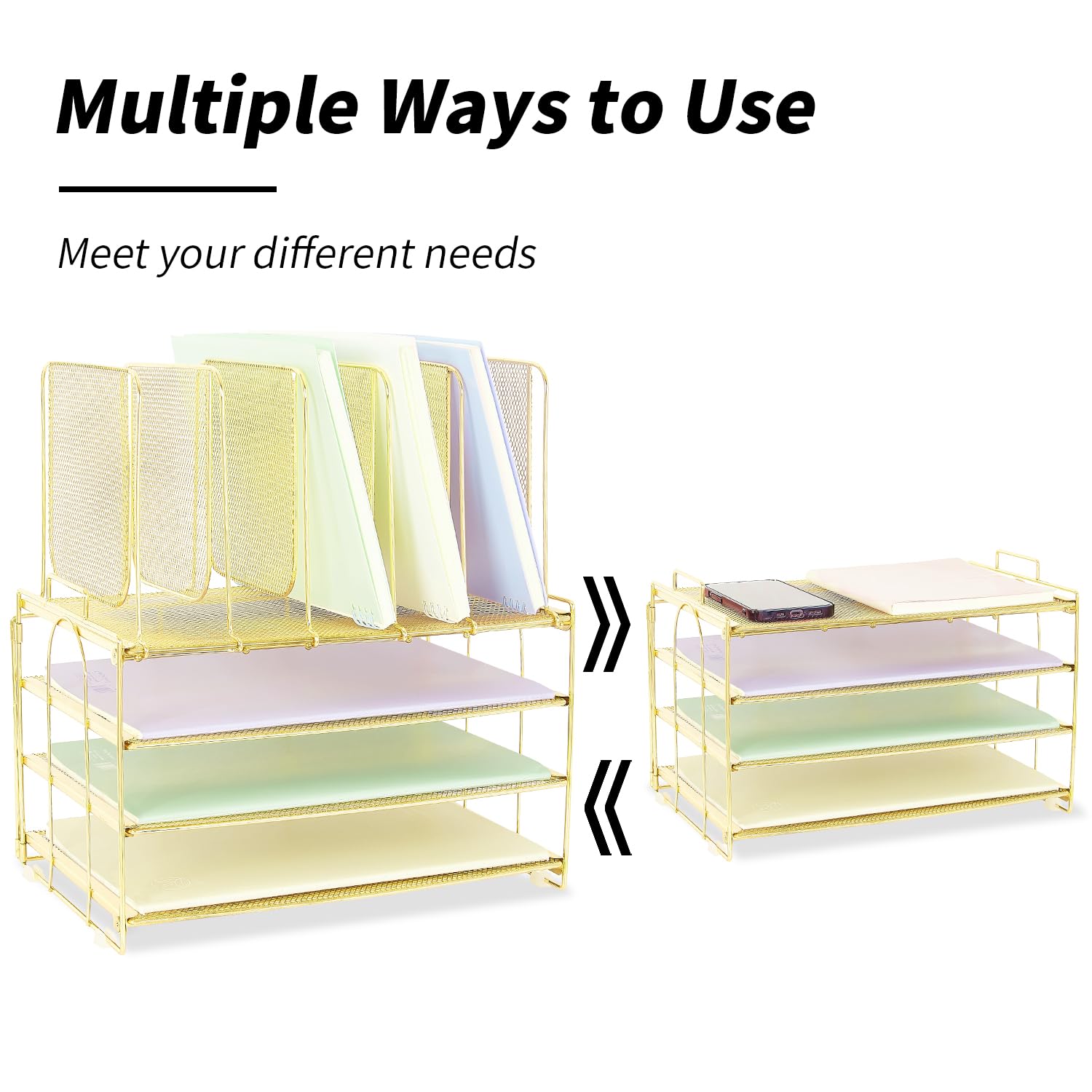 ORDROLL Desk Paper Organizer with Handle,3 Tier Letter Trays with 5 Vertical File Holder,Paper Storage,Desktop Organizer for Classroom,Home or Office,Gold