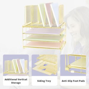 ORDROLL Desk Paper Organizer with Handle,3 Tier Letter Trays with 5 Vertical File Holder,Paper Storage,Desktop Organizer for Classroom,Home or Office,Gold