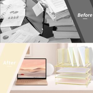 ORDROLL Desk Paper Organizer with Handle,3 Tier Letter Trays with 5 Vertical File Holder,Paper Storage,Desktop Organizer for Classroom,Home or Office,Gold