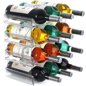 plastic water bottle organizer and wine rack storage holder,4 tier 12 containers stackable free-standing bottle storage rack for kitchen countertops, table top, pantry, bars, cabinets, fridge - clear