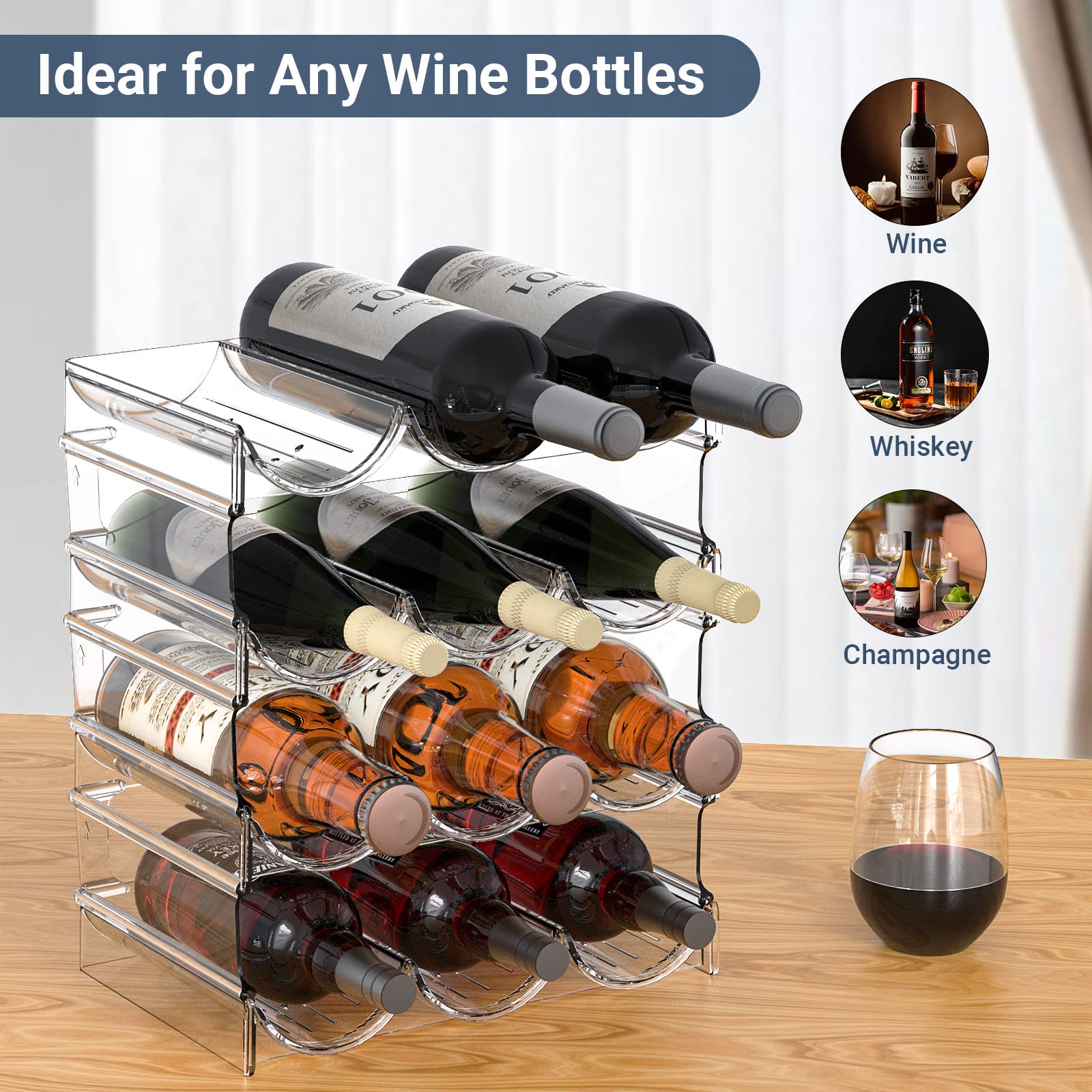 Plastic Water Bottle Organizer and Wine Rack Storage Holder,4 Tier 12 Containers Stackable Free-Standing Bottle Storage Rack for Kitchen Countertops, Table Top, Pantry, Bars, Cabinets, Fridge - Clear