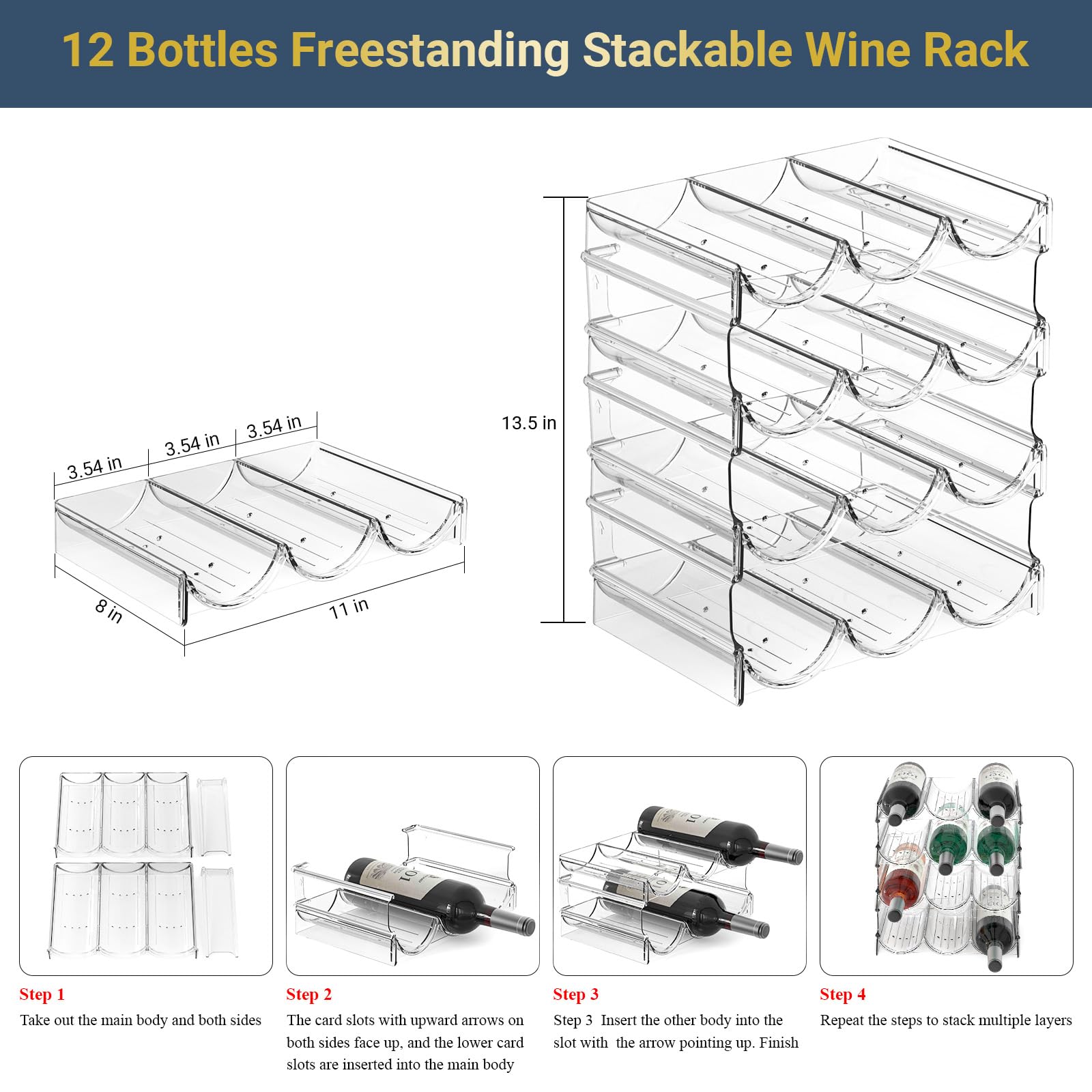 Plastic Water Bottle Organizer and Wine Rack Storage Holder,4 Tier 12 Containers Stackable Free-Standing Bottle Storage Rack for Kitchen Countertops, Table Top, Pantry, Bars, Cabinets, Fridge - Clear