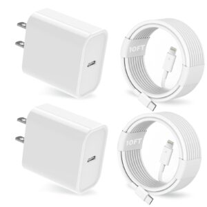 iphone charger, 2 pack 20w pd usb c wall fast charger adapter with 2 pack 10ft long type c to lightning cable compatible with iphone 14 13 12 11 pro max xr xs x,ipad