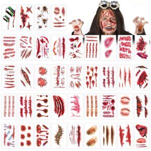 265 pcs 40 sheets fake scars temporary tattoos, horror realistic wound stitch face body makeup zombie sticker, cosplay masquerade prank scary halloween party for kid women men boys girls