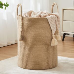 jute woven rope laundry hamper, tall laundry basket for blanket storage, large dirty clothes hamper for toys, decorative baby nursery hamper for bedroom, living room - jute brown, 72l