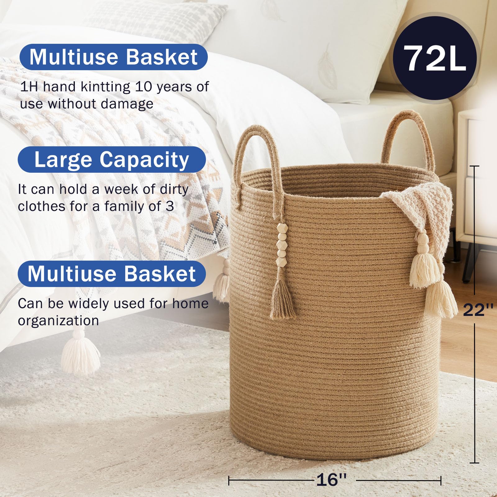 Jute Woven Rope Laundry Hamper, Tall Laundry Basket for Blanket Storage, Large Dirty Clothes Hamper for Toys, Decorative Baby Nursery Hamper for Bedroom, Living Room - Jute Brown, 72L