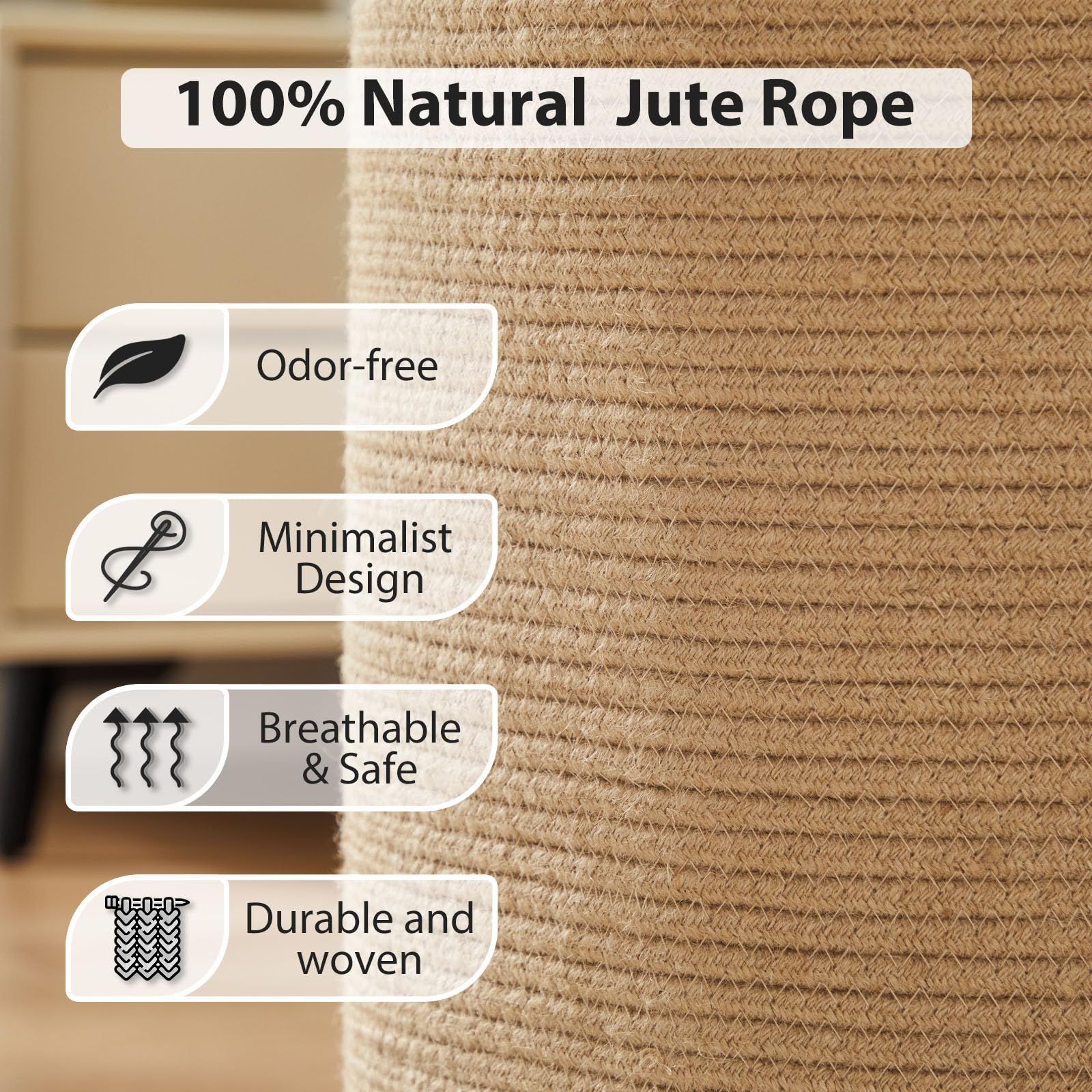 Jute Woven Rope Laundry Hamper, Tall Laundry Basket for Blanket Storage, Large Dirty Clothes Hamper for Toys, Decorative Baby Nursery Hamper for Bedroom, Living Room - Jute Brown, 72L