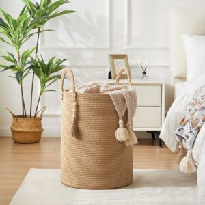 Jute Woven Rope Laundry Hamper, Tall Laundry Basket for Blanket Storage, Large Dirty Clothes Hamper for Toys, Decorative Baby Nursery Hamper for Bedroom, Living Room - Jute Brown, 72L