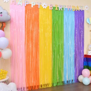 lolstar candyland party decorations, 2 pack 3.3x6.6ft pastel rainbow foil fringe curtains, tinsel curtains photo booth prop streamer pastel backdrop for cocomelon home decor easter bunny decorations