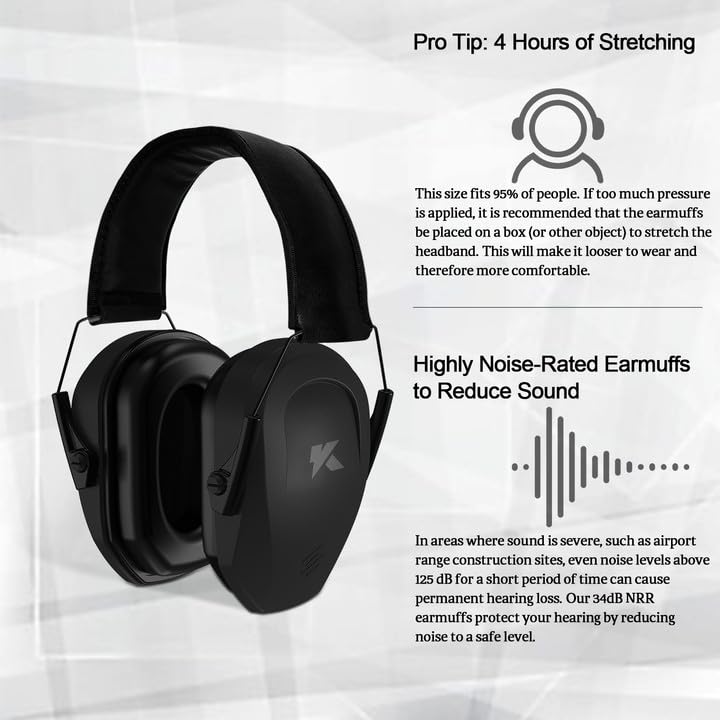 ucho NRR 34 dB Noise Reduction Ear Muffs, Hearing Protection Safety Earmuffs Professional Noise Cancelling Earmuffs for Construction Work Shooting Range Hunting-Black