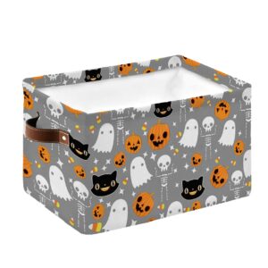 Halloween Grey Cube Storage Organizer Bins with Handles,15x11x9.5 Inch Collapsible Canvas Cloth Fabric Storage Basket,Books Kids' Bin Boxes for Shelves,Closet Spooky Pumpkin Ghost Skull Horror 1 Pack