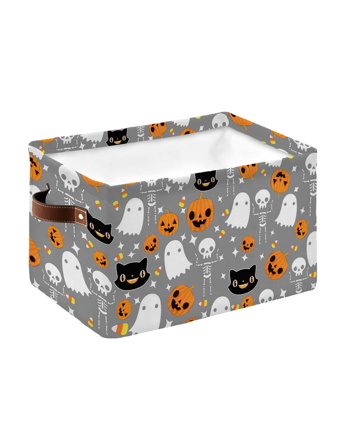 Halloween Grey Cube Storage Organizer Bins with Handles,15x11x9.5 Inch Collapsible Canvas Cloth Fabric Storage Basket,Books Kids' Bin Boxes for Shelves,Closet Spooky Pumpkin Ghost Skull Horror 1 Pack