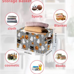 Halloween Grey Cube Storage Organizer Bins with Handles,15x11x9.5 Inch Collapsible Canvas Cloth Fabric Storage Basket,Books Kids' Bin Boxes for Shelves,Closet Spooky Pumpkin Ghost Skull Horror 1 Pack