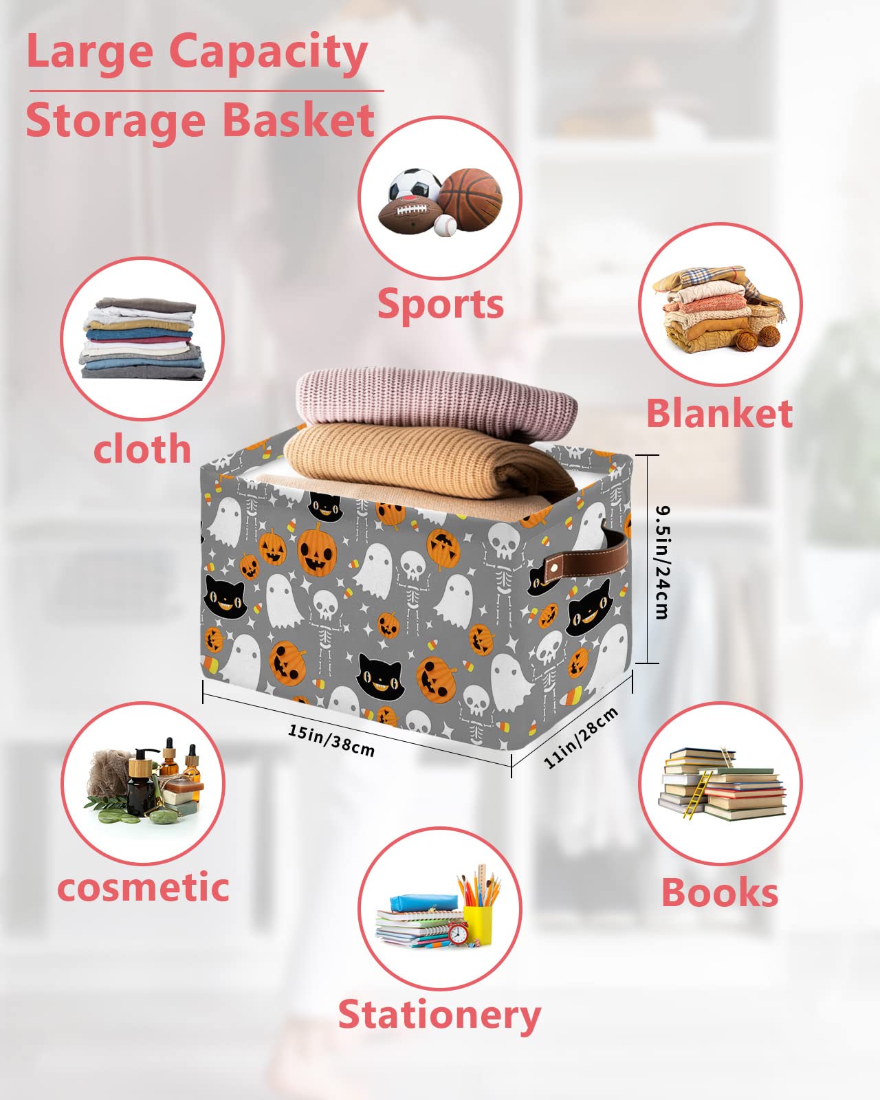 Halloween Grey Cube Storage Organizer Bins with Handles,15x11x9.5 Inch Collapsible Canvas Cloth Fabric Storage Basket,Books Kids' Bin Boxes for Shelves,Closet Spooky Pumpkin Ghost Skull Horror 1 Pack