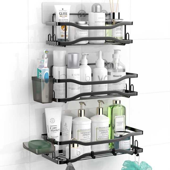 Aitatty Shower Caddy Bathroom Organizer Shelf: Self Adhesive Shower Rack with Soap Shampoo Holder - Rustproof Stainless Bath Caddy for Inside shower Black