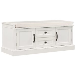 shoe bench entryway with storage, entryway bench with removable cushion, solid wood storage bench with 2 drawers and 2 cabinets for living room, hallway, closet, 42.5"l x 15.9"w x 17.5"h，white