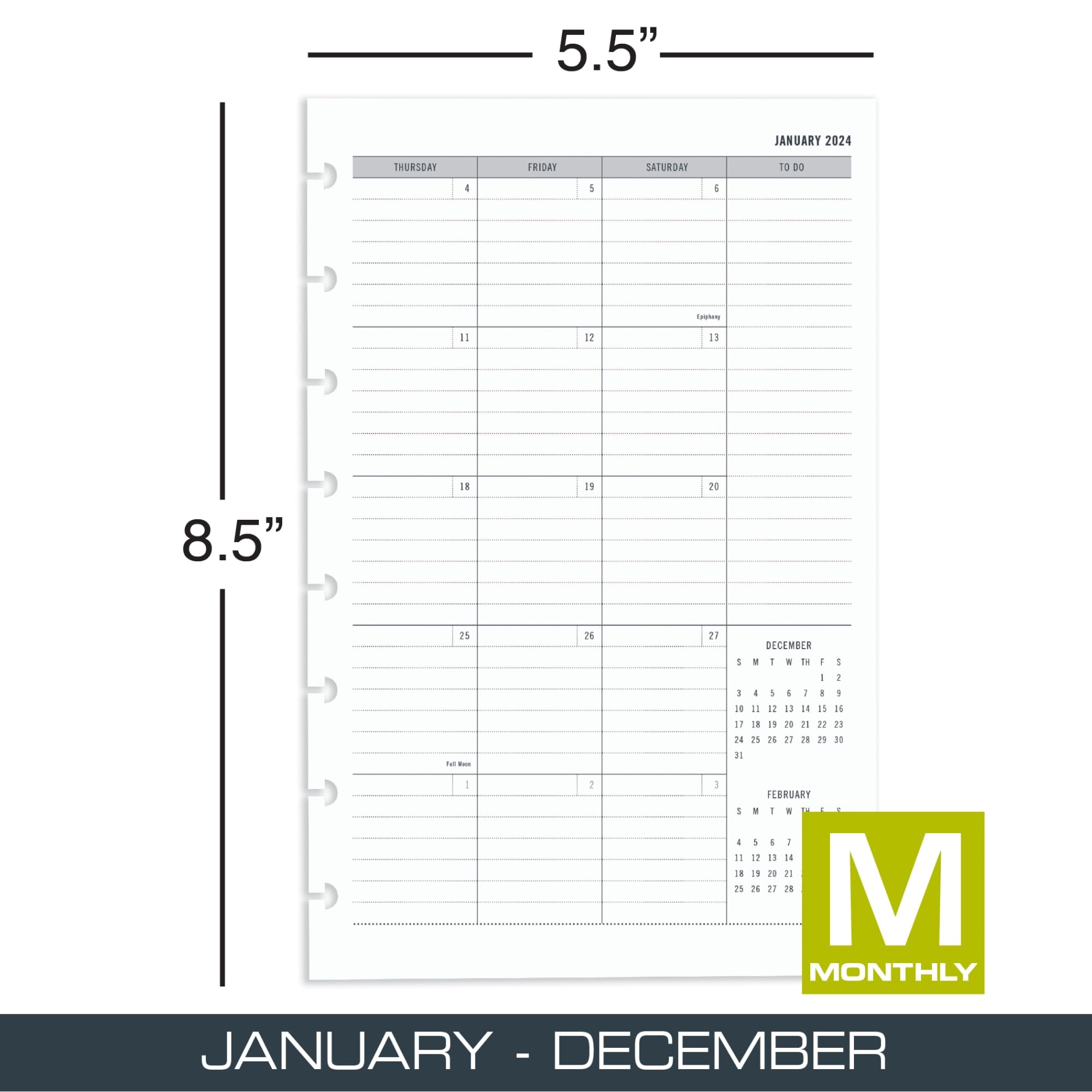 2024 TUL® Discbound Monthly Planner Refill Pages with 12 Tab Dividers, Junior Size, Gray, January to December