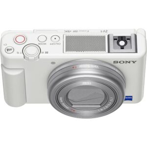 Sony ZV-1 Digital Camera (White) (DCZV1/W) + 2 x 64GB Card + Case + 3 x NP-BX1 Battery + Card Reader + LED Light + Corel Photo Software + Rode Compact Mic + Charger + More (Renewed)