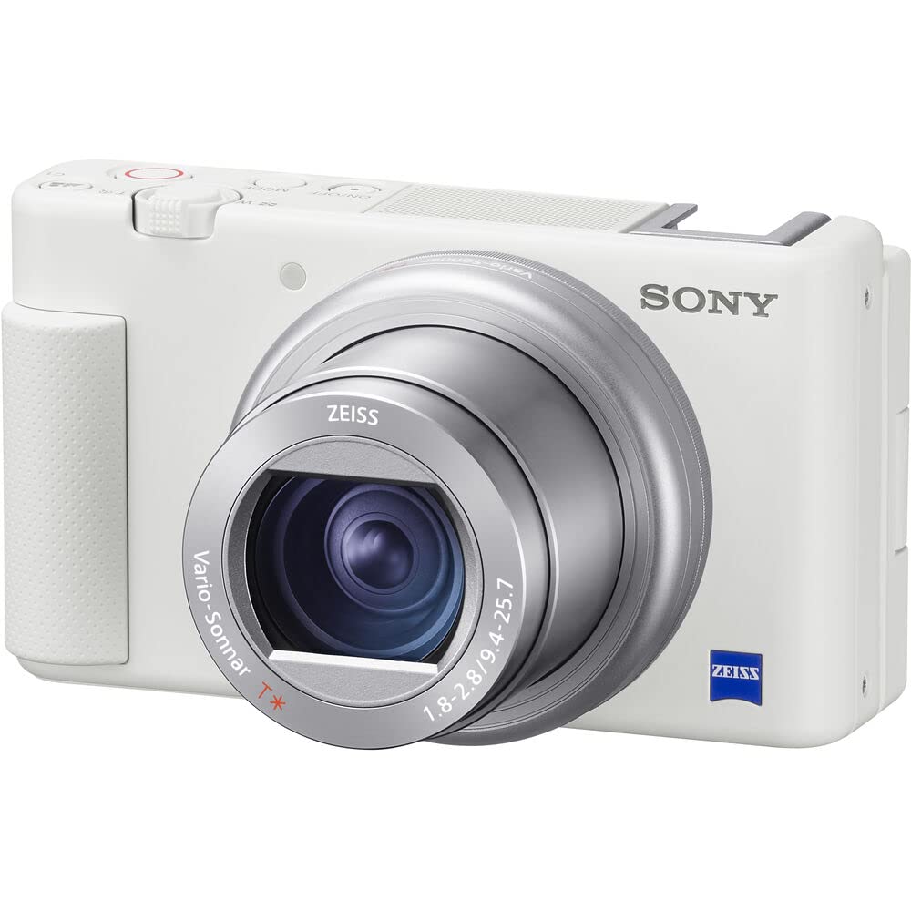 Sony ZV-1 Digital Camera (White) (DCZV1/W) + 2 x 64GB Card + Case + 3 x NP-BX1 Battery + Card Reader + LED Light + Corel Photo Software + Rode Compact Mic + Charger + More (Renewed)