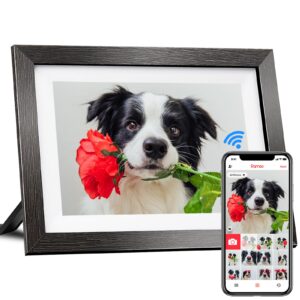 bihiwoia 10.1'' frameo digital picture frame, 32gb wifi digital photo frame, 1280x800 ips touch screen, auto-rotate, slideshow, send photos/videos via free app(black wood frame)