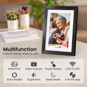 BIHIWOIA 10.1'' Frameo Digital Picture Frame, 32GB WiFi Digital Photo Frame, 1280x800 IPS Touch Screen, Auto-Rotate, Slideshow, Send Photos/Videos via Free App(Black Wood Frame)