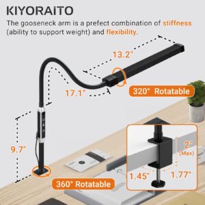 Kiyoraito LED Desk Lamp for Home Office, Modern Gooseneck Desk Light with Clamp, Dimmable Reading Lamp with Remote Control for Dorm, Adjustable Color Temperature & Brightness, 12W, (Black)