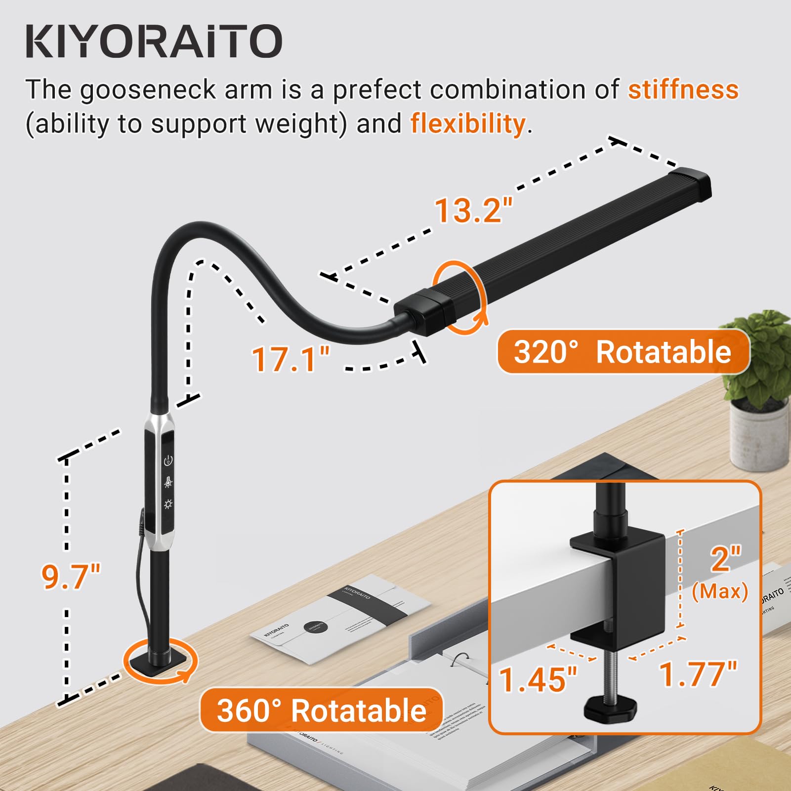 Kiyoraito LED Desk Lamp for Home Office, Modern Gooseneck Desk Light with Clamp, Dimmable Reading Lamp with Remote Control for Dorm, Adjustable Color Temperature & Brightness, 12W, (Black)
