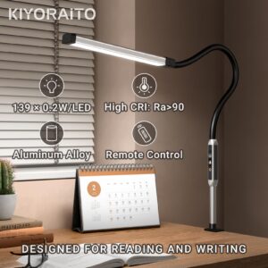 Kiyoraito LED Desk Lamp for Home Office, Modern Gooseneck Desk Light with Clamp, Dimmable Reading Lamp with Remote Control for Dorm, Adjustable Color Temperature & Brightness, 12W, (Black)