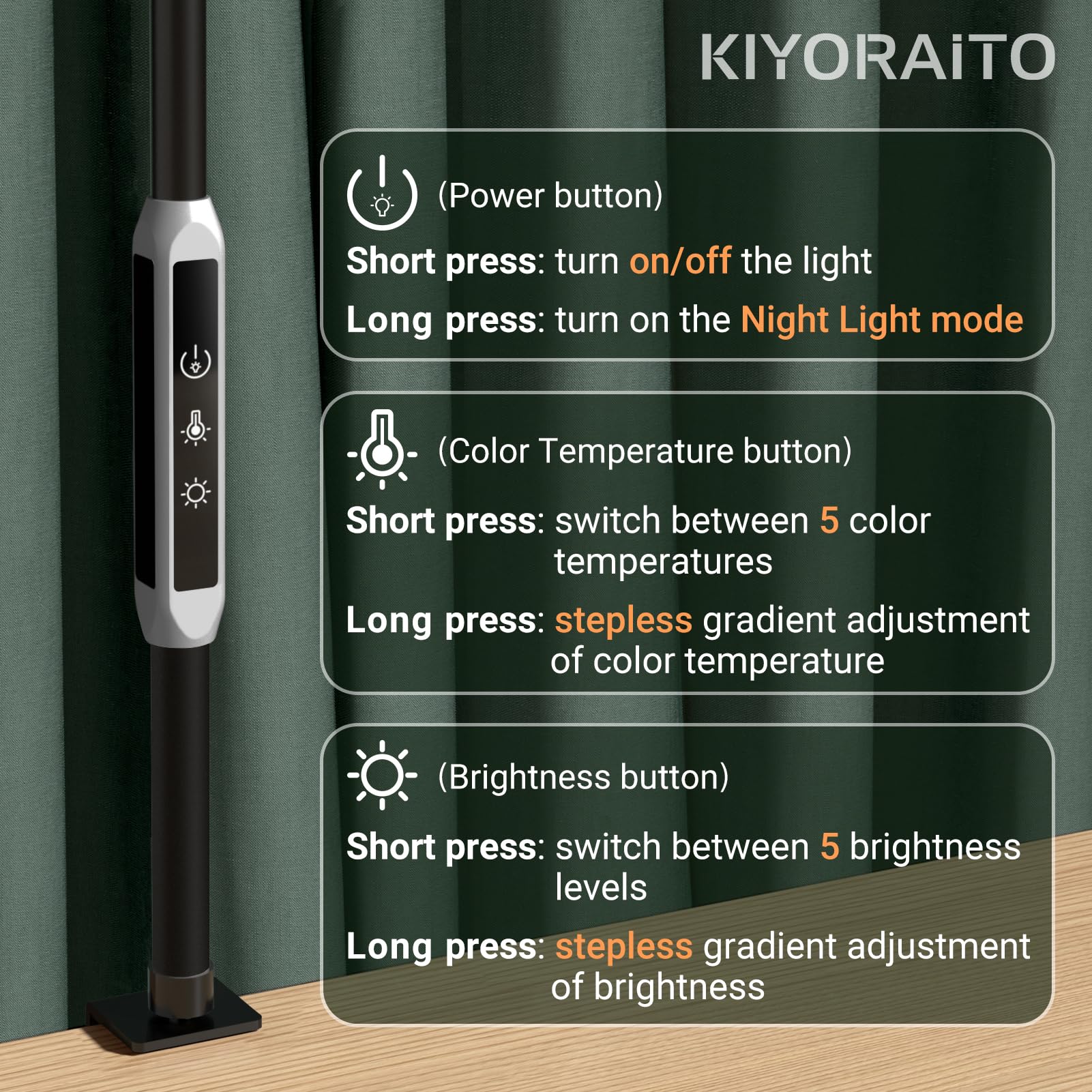 Kiyoraito LED Desk Lamp for Home Office, Modern Gooseneck Desk Light with Clamp, Dimmable Reading Lamp with Remote Control for Dorm, Adjustable Color Temperature & Brightness, 12W, (Black)