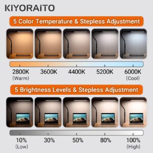 Kiyoraito LED Desk Lamp for Home Office, Modern Gooseneck Desk Light with Clamp, Dimmable Reading Lamp with Remote Control for Dorm, Adjustable Color Temperature & Brightness, 12W, (Black)