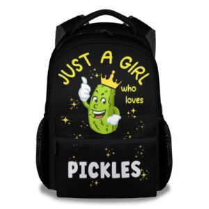 mercuryelf pickle backpack for girls - 16 inch just a girl who loves pickles black backpacks for school travel - funny lightweight bookbag for kids