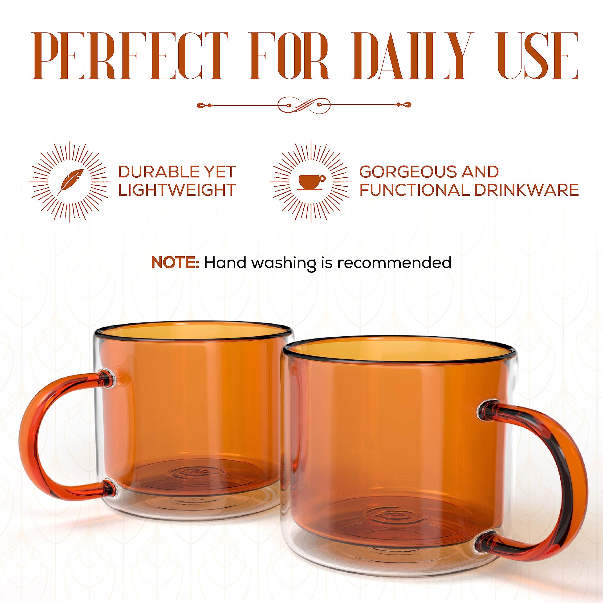 elle decor Double Wall Coffee Mug | Set of 2 | 10-Ounce | Cute Coffee, Tea, and Milk Glass Mugs with Handle | Insulated Tea Cup | Gift Set for Valentines Day, Birthday, & Holidays (Amber)
