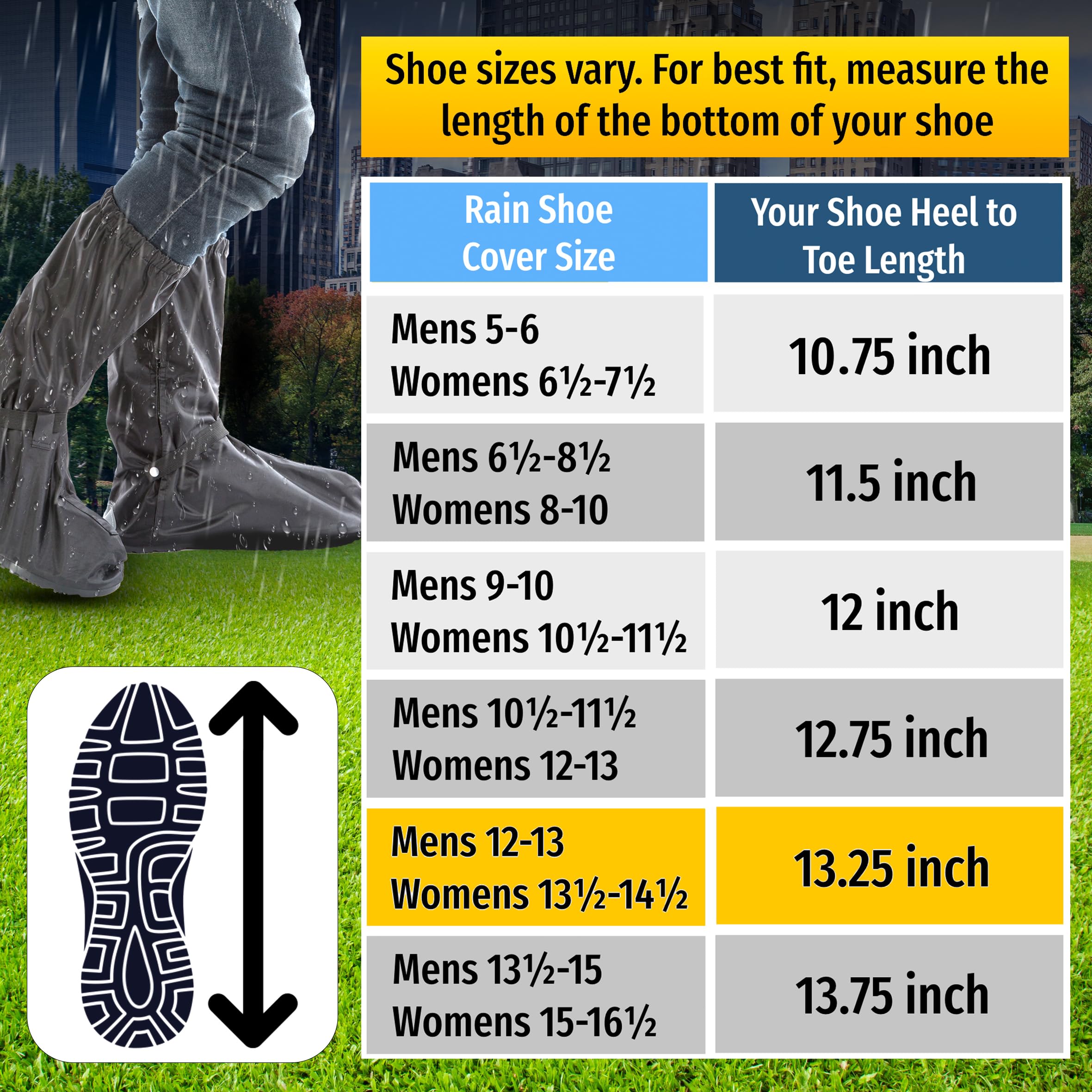 benoo Waterproof Shoe Covers | Rain Shoe Covers, Heavy Duty & Reusable (Men12-13 | Women13½-14½)