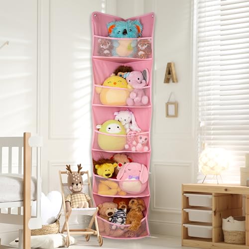 Lilly's Love Corner Stuffed Animal Toy Storage Hanging Organizer | 5 Expandable Mesh Net Pockets, Stores Loads of Plush Toys | Large Plushie Display for Boys, Girls | Pink