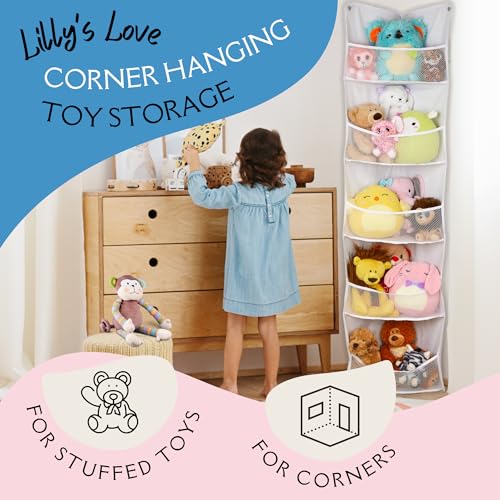 Lilly's Love Corner Stuffed Animal Toy Storage Hanging Organizer | 5 Expandable Mesh Net Pockets, Stores Loads of Plush Toys | Large Plushie Display for Boys, Girls | Pink