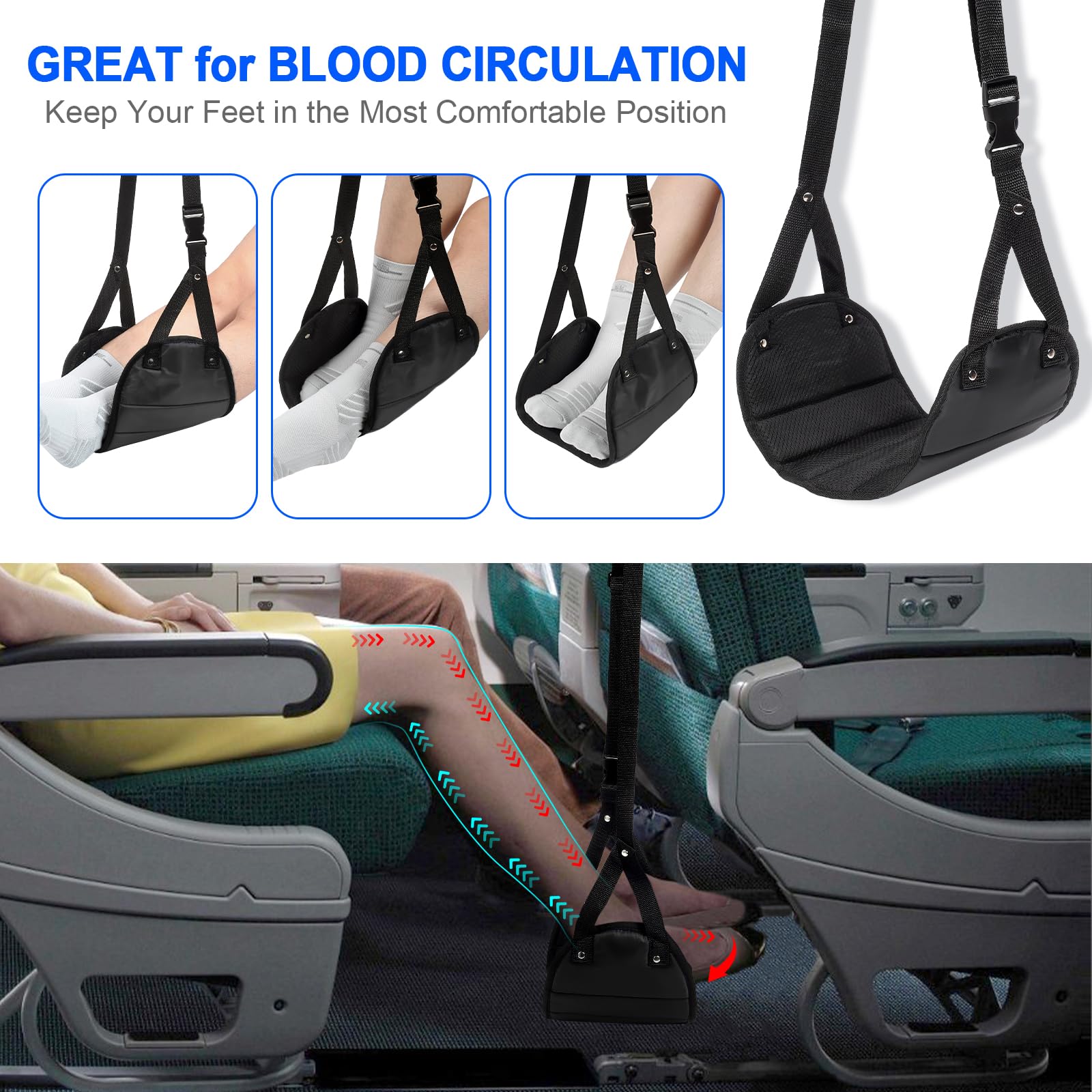 Airplane Footrest for Your Comfortable Travel（Relax Your feet).Foot Hammock for Airplanes, Buses, Trains, Offices Adjustable.Travel Essential Accessories. (Black)