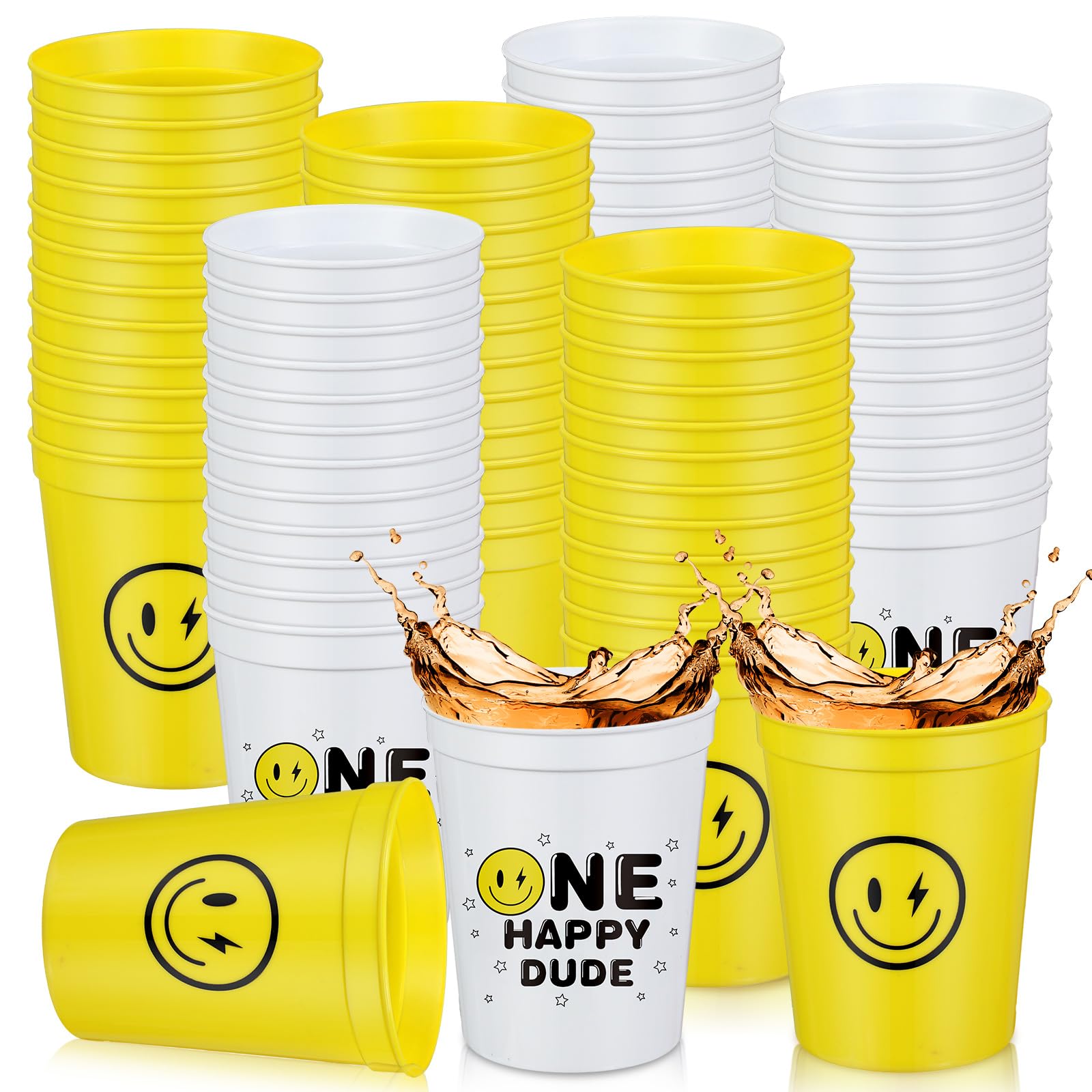 Norme 24 Pcs One Happy Dude 16 oz Plastic Cups Reusable Drink Tumblers Smile Face Birthday Cups for Kids First Birthday Party Baby Shower Favors