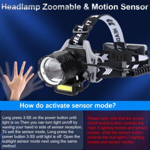 AXRUNZE LED Headlamp Rechargeable 150000 Lumens Super Bright with 10 Modes & Motion Sensor, Head Lamp Flashlight with Zoomable, IPX7 Waterproof,135°Adjustable for Outdoor Hiking Camping Running 2 Pack