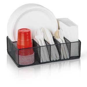 paper plate organizer for countertop, metal silverware caddy with 6 compartments for plate, cup, fork, knives, spoon, napkin, paper plate and utensil holder caddy for party, camping, picnic (black)